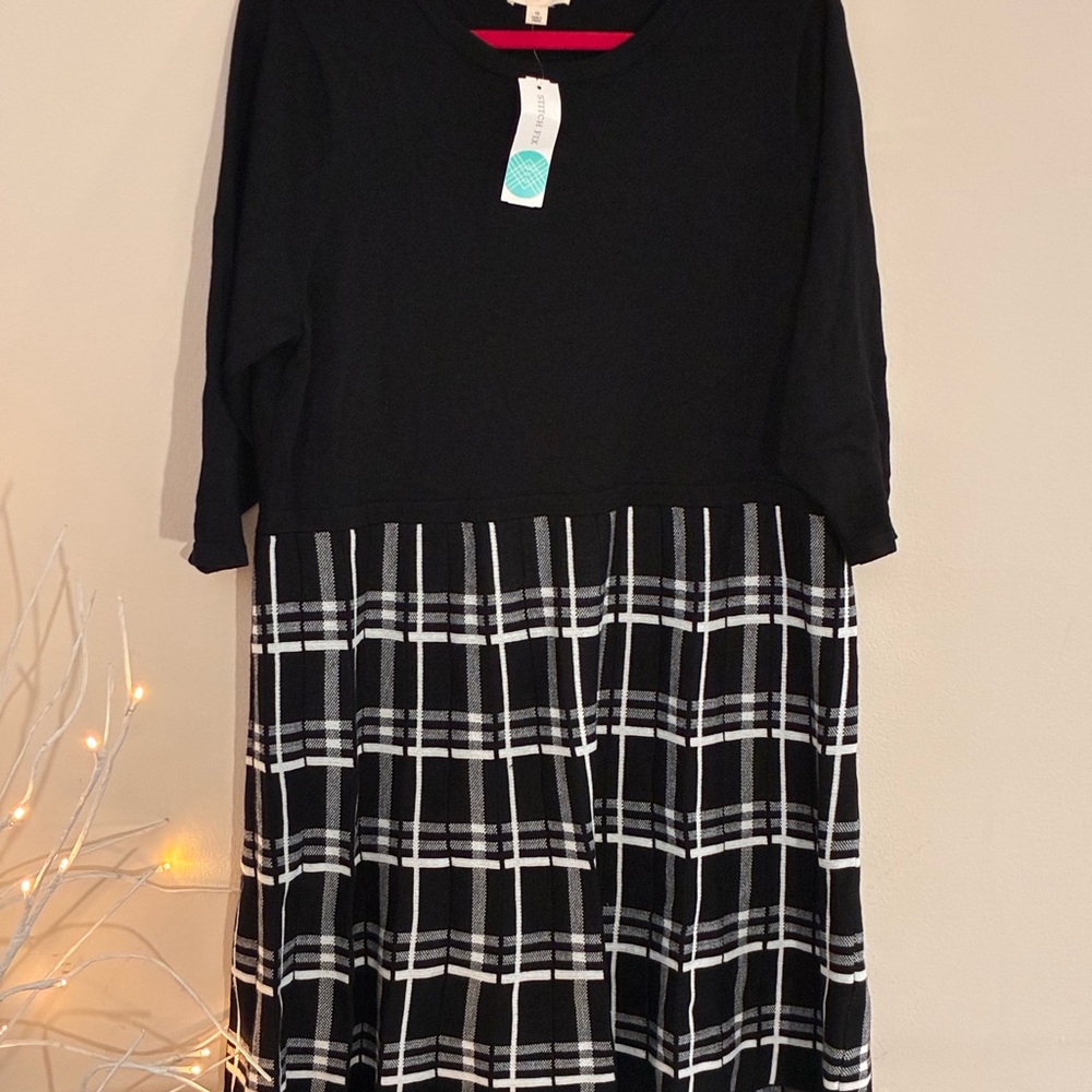 The General Good Stitch Fix Black Plaid Mixed Media Sweater Dress 1X